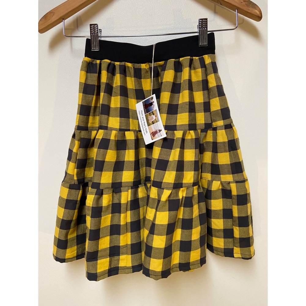 Girls Flannel Mom and Pop's Kids Midi Skirt Size 4 Yellow Black Plaid Tiered